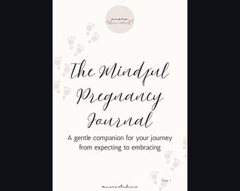 May include: A white journal cover titled The Mindful Pregnancy Journal with the subtitle A gentle companion for your journey from expecting to embracing. The design features small, light pink baby footprints and a circular logo at the top.