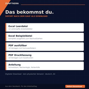 May include: A dark blue digital download information graphic with orange accents. It lists contents including an Excel blank file with 12 sheets, an Excel example file, fillable PDFs, printable PDFs, and instructions for quick start and error help.