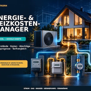 Op de afbeelding: Een digitaal energie- en verwarmingskostenbeheerprogramma voor Excel en Google Sheets. De afbeelding toont een huis, een warmtepomp en meters verbonden door lichtgevende lijnen, met de tekst ZUNFTKERN, ENERGIE- & HEIZKOSTEN-MANAGER.