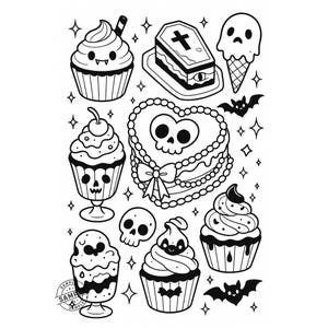 May include: Black and white illustration of various Halloween-themed desserts. The image includes cupcakes, ice cream cones, a coffin-shaped cake, and a heart-shaped cake with a skull design. Bats and stars are also included.