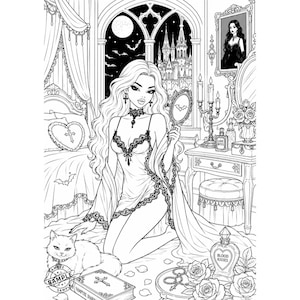 May include: Black and white illustration of a woman in a bedroom, holding a mirror with a bat design. The room features a gothic castle view, a vanity, a white cat, and a book labeled "Vampire Diaries".
