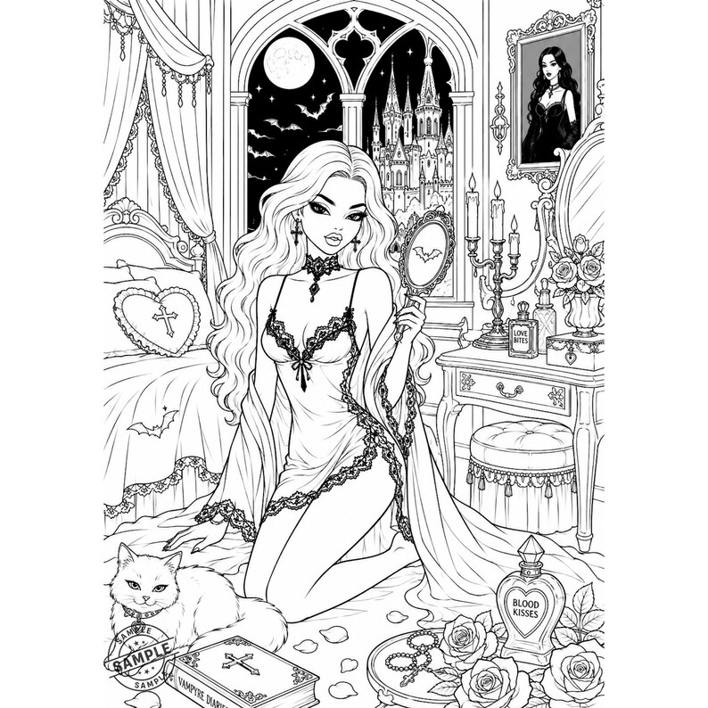 May include: Black and white illustration of a woman in a bedroom, holding a mirror with a bat design. The room features a gothic castle view, a vanity, a white cat, and a book labeled "Vampire Diaries".