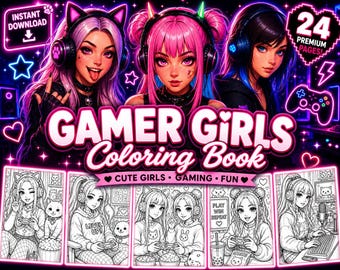 Gamer Girl Coloring Book | Cute Gaming Girls | Kawaii Gamer Pages | Adult Coloring Book PDF | Instant Download