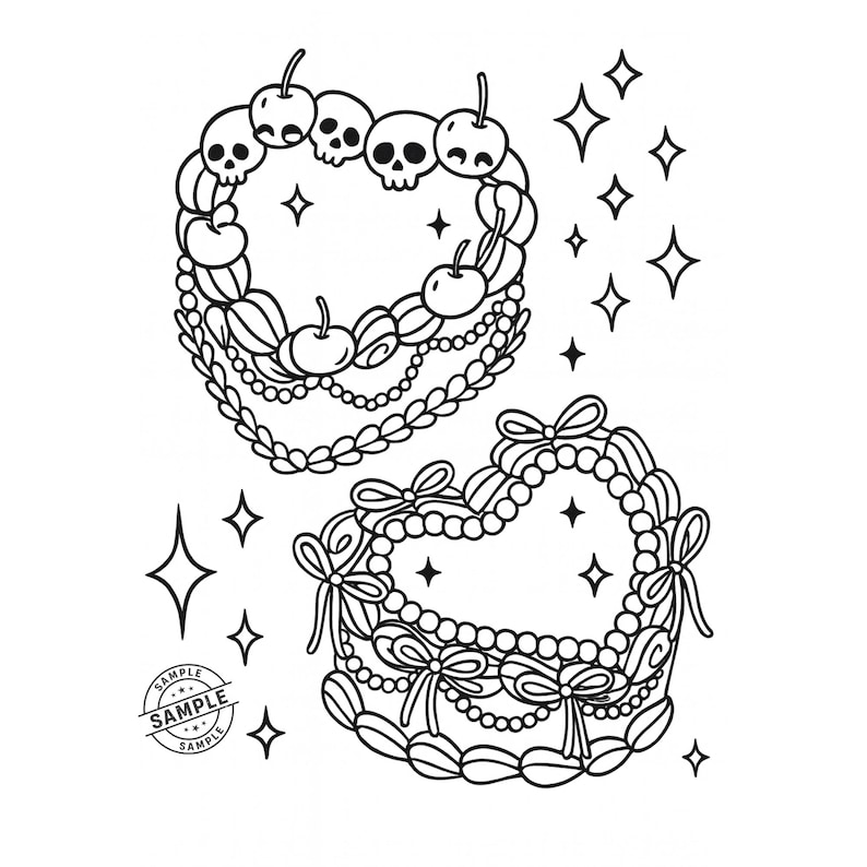 May include: Black and white illustration of two heart-shaped designs. One heart is adorned with skulls and cherries, the other with bows and pearls. The word "SAMPLE" is printed on a circular stamp.