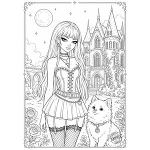 May include: Black and white line art illustration of a woman in a corset and skirt, with a dog, a castle, and a full moon in the background. The woman has long hair and is wearing jewelry. The dog has a heart-shaped collar.
