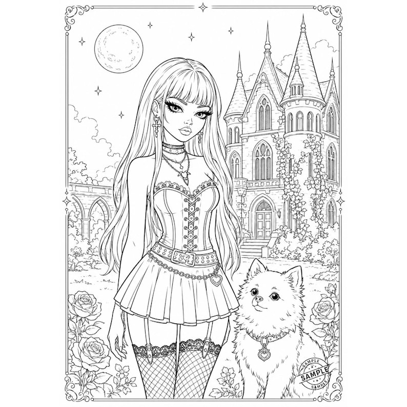 May include: Black and white line art illustration of a woman in a corset and skirt, with a dog, a castle, and a full moon in the background. The woman has long hair and is wearing jewelry. The dog has a heart-shaped collar.