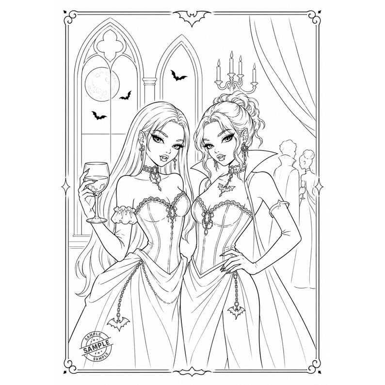 May include: Black and white illustration of two women in gothic attire. One holds a wine glass. They are in a room with a large window, bats, and a full moon. The image has a decorative border with bats.