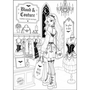 May include: Black and white illustration of a vampire fashion boutique. The boutique's sign reads "Blood & Couture." A woman stands in the shop holding a shopping bag that says "Bite Back." The shop displays clothing, accessories, and a sign that says "Bite Me."