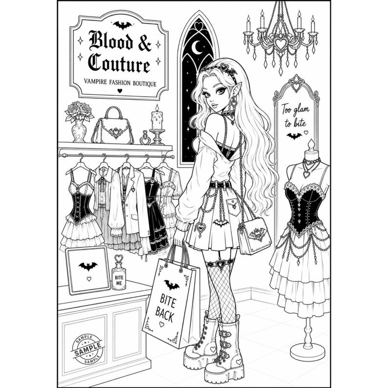 May include: Black and white illustration of a vampire fashion boutique. The boutique's sign reads "Blood & Couture." A woman stands in the shop holding a shopping bag that says "Bite Back." The shop displays clothing, accessories, and a sign that says "Bite Me."