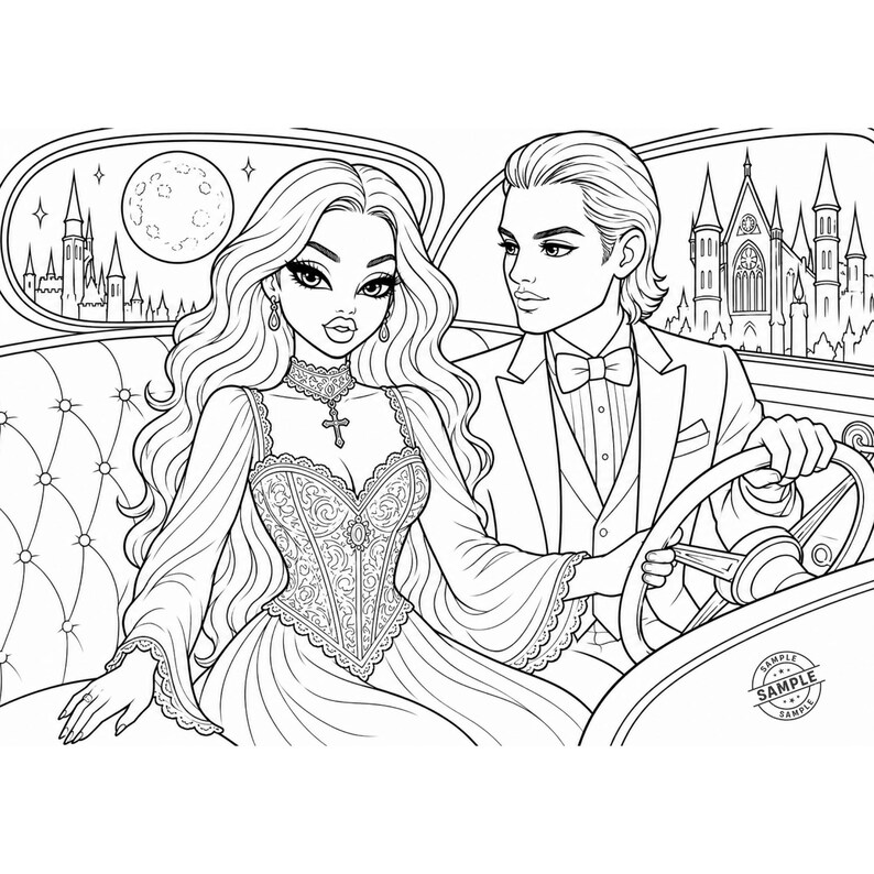 May include: Black and white line art illustration of a couple in a vintage car. The woman wears a detailed dress and cross necklace. The man is in a suit. A full moon and castle are visible in the background. The image is a coloring page.