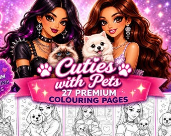 Cute Girls & Pets Coloring Book | Baddie Pet Girl Coloring Pages | Adult Coloring Book PDF | Printable Cute Animal Coloring Pages
