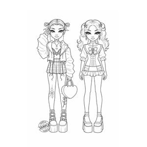 May include: Black and white line art illustration of two stylized female figures in fashionable outfits. One figure wears a cropped jacket, plaid skirt, and platform boots, holding a heart-shaped bag. The other figure is in a dress with a bow and platform shoes.