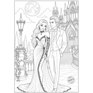 May include: Black and white illustration of a couple in formal attire, standing in front of a gothic building. The woman wears a long gown with lace detailing, and the man is in a tuxedo. A full moon is in the sky.