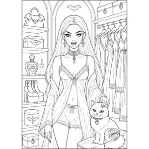 May include: Black and white illustration of a woman in lingerie, standing in a closet. The image includes a cat, a perfume bottle labeled "Blood Kisses", and a bat symbol. The woman is wearing a choker and cross earrings.