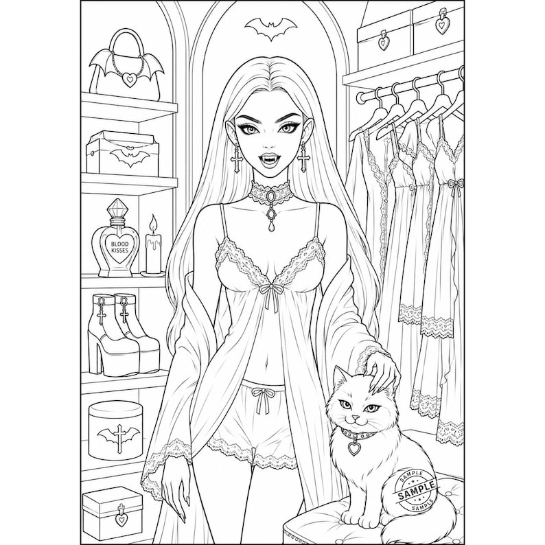 May include: Black and white illustration of a woman in lingerie, standing in a closet. The image includes a cat, a perfume bottle labeled "Blood Kisses", and a bat symbol. The woman is wearing a choker and cross earrings.