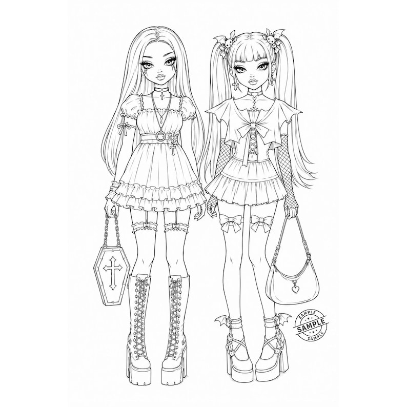May include: Black and white illustration of two gothic-style female figures. One figure holds a coffin-shaped purse with a cross, and the other carries a handbag with a heart charm. Both wear platform boots and dresses.