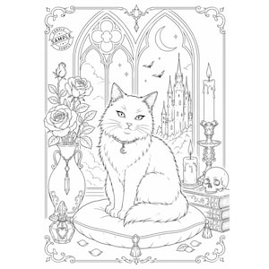 May include: Black and white illustration of a fluffy cat wearing a crescent moon collar, seated on a decorative pillow. The scene includes a gothic window, castle, roses in a vase, candles, a skull, and books, creating a gothic theme.