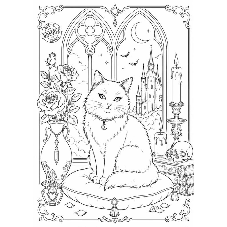 May include: Black and white illustration of a fluffy cat wearing a crescent moon collar, seated on a decorative pillow. The scene includes a gothic window, castle, roses in a vase, candles, a skull, and books, creating a gothic theme.