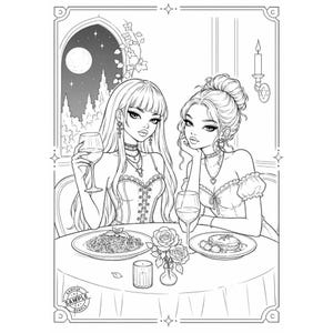 May include: Black and white illustration of two women at a restaurant table. They are seated across from each other, with plates of food, wine glasses, and a candle on the table. The background includes a window with a moonlit scene.