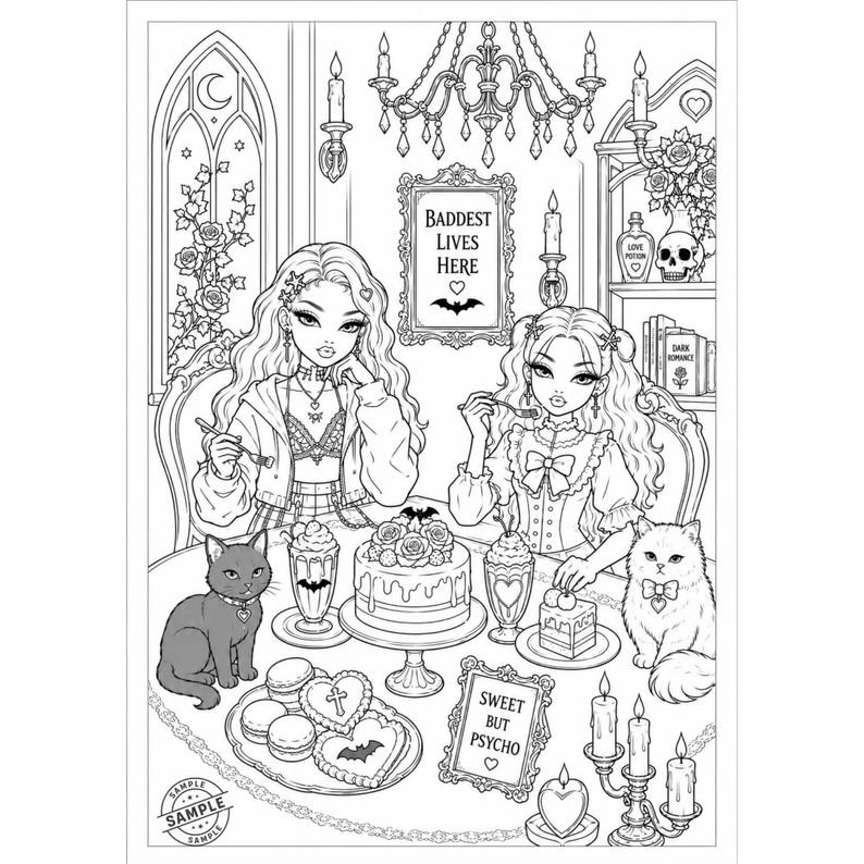 May include: Black and white illustration of two women at a table with desserts, cats, and candles. The text "Baddest Lives Here" and "Sweet But Psycho" are displayed. A gothic theme is present.