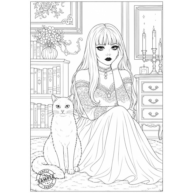 May include: Black and white illustration of a woman with long hair, a cat, and a room with furniture. The woman is wearing a dress and jewelry. A bookshelf, flowers, and candles are also visible. The image has a "SAMPLE" stamp.