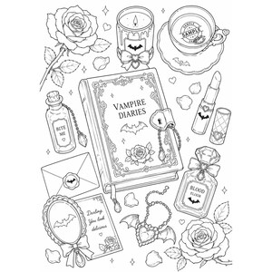 May include: An illustration featuring a collection of gothic-themed items. A book titled "Vampire Diaries" is central, surrounded by a candle, teacup, lipstick, perfume bottle, necklace, mirror, and a bottle labeled "Bite Me". Roses and bat motifs are present.