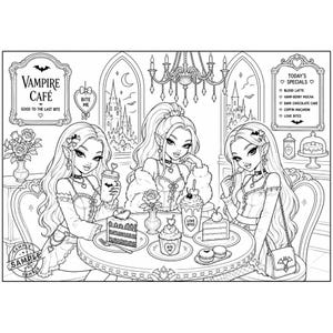 May include: Black and white illustration of three women in a cafe setting. The cafe is called "Vampire Cafe" and has a menu of "Today's Specials" including "Blood Latte" and "Dark Chocolate Cake". The women are enjoying desserts and drinks.