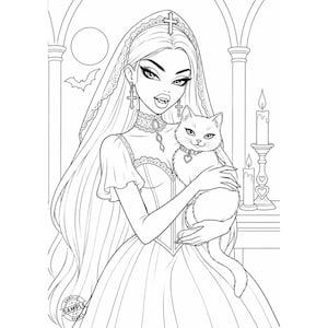 May include: Line art illustration of a woman with long hair, fangs, and a cross-adorned headpiece, holding a white cat. The image includes gothic elements like a bat, moon, and candles, with a "SAMPLE" watermark.