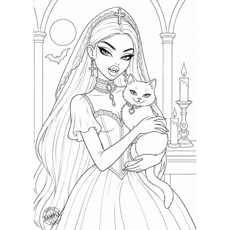May include: Line art illustration of a woman with long hair, fangs, and a cross-adorned headpiece, holding a white cat. The image includes gothic elements like a bat, moon, and candles, with a "SAMPLE" watermark.