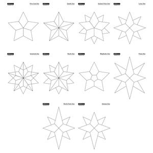 May include: A collection of geometric star designs in black and white. Each star has a unique shape and is labeled with a name such as "Five-fold Star" and "Zenith Star". The designs are clean and minimalist.