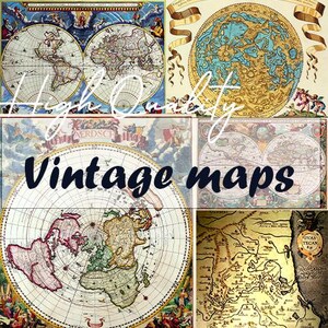 May include: A collection of vintage maps in a collage, showcasing detailed cartography and rich colours. The image includes globes and world maps, with the text "High Quality" and "Vintage maps" superimposed across the images.