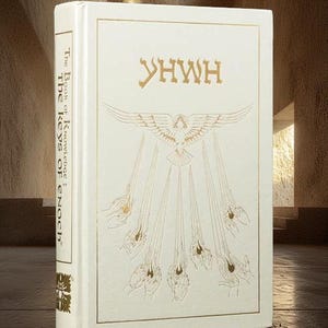Puede incluir: Un libro de tapa dura con una cubierta blanca y letras e ilustraciones doradas en relieve. El título "YHWH" está en la parte superior, con una ilustración de un ángel y rayos de luz. El lomo dice "The Book of Knowledge: The Keys of Enoch."