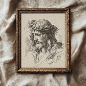Jesus Christ Art Print, Crown of Thorns Illustration, Christian Wall Decor, Religious Printable, Vintage Jesus Sketch Art Print, Crown of Thorns Illustration, Antique Christian Wall Decor, Religious Printable, Old World Faith Home Decor
