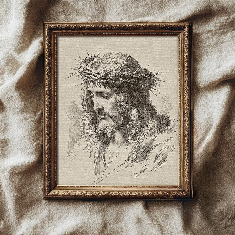 Jesus Christ Art Print, Crown of Thorns Illustration, Christian Wall Decor, Religious Printable, Vintage Jesus Sketch Art Print, Crown of Thorns Illustration, Antique Christian Wall Decor, Religious Printable, Old World Faith Home Decor