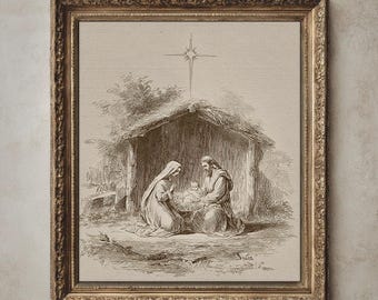 Vintage Nativity Scene Manger Print, Star of Bethlehem, Vintage Holy Night Art (Digital Download)