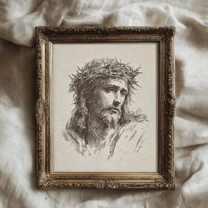 Jesus Christ Art Print, Minimalist Christian Line Art Sketch, Religious Holy Bible Wall Decor, Vintage Jesus Portrait Art Print, Crown of Thorns Sketch, Christian Wall Decor, Sacred Religious Artwork, Faith Art