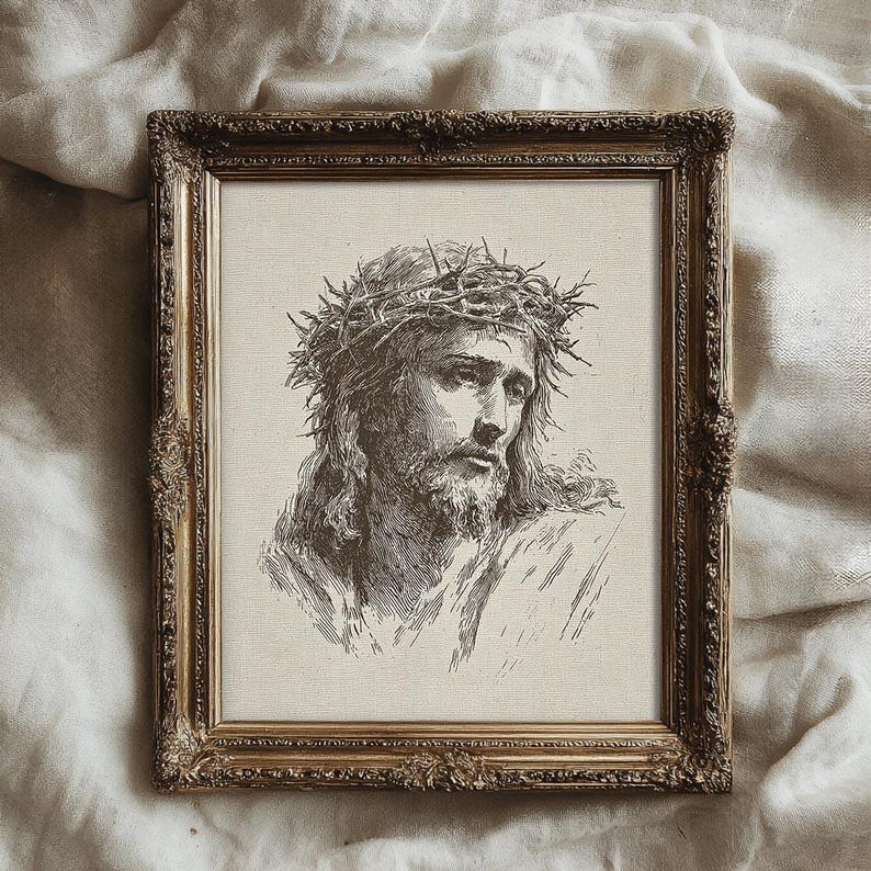 Jesus Christ Art Print, Minimalist Christian Line Art Sketch, Religious Holy Bible Wall Decor, Vintage Jesus Portrait Art Print, Crown of Thorns Sketch, Christian Wall Decor, Sacred Religious Artwork, Faith Art