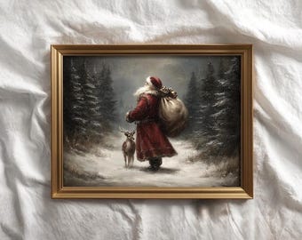 Lámina decorativa vintage de Papá Noel y sus renos, decoración navideña rústica para la pared (descarga digital)