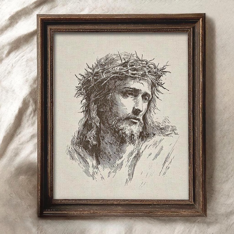 Jesus Christ Art Print, Minimalist Christian Line Art Sketch, Religious Holy Bible Wall Decor, Vintage Jesus Portrait Art Print, Crown of Thorns Sketch, Christian Wall Decor, Sacred Religious Artwork, Faith Art