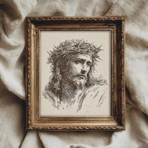 Jesus Christ Art Print, Minimalist Christian Line Art Sketch, Religious Holy Bible Wall Decor, Vintage Jesus Portrait Art Print, Crown of Thorns Sketch, Christian Wall Decor, Sacred Religious Artwork, Faith Art