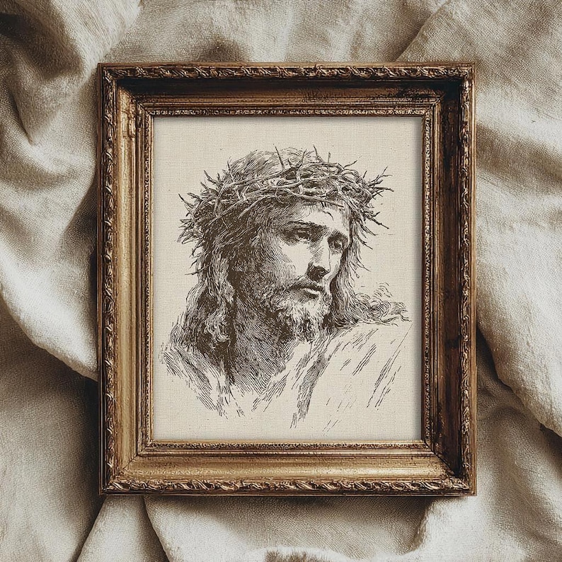 Jesus Christ Art Print, Minimalist Christian Line Art Sketch, Religious Holy Bible Wall Decor, Vintage Jesus Portrait Art Print, Crown of Thorns Sketch, Christian Wall Decor, Sacred Religious Artwork, Faith Art