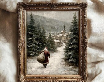 Stampa artistica di Babbo Natale nella foresta, scena invernale natalizia suggestiva stampabile, decorazione murale rustica per le feste