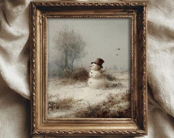 Vintage Snowman Painting, Rustic Winter Landscape Art (Digital Download)