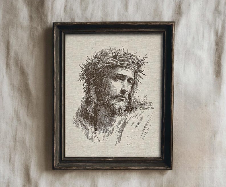 Jesus Christ Art Print, Minimalist Christian Line Art Sketch, Religious Holy Bible Wall Decor, Vintage Jesus Portrait Art Print, Crown of Thorns Sketch, Christian Wall Decor, Sacred Religious Artwork, Faith Art