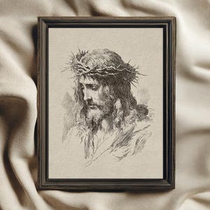 Jesus Christ Art Print, Crown of Thorns Illustration, Christian Wall Decor, Religious Printable, Vintage Jesus Sketch Art Print, Crown of Thorns Illustration, Antique Christian Wall Decor, Religious Printable, Old World Faith Home Decor