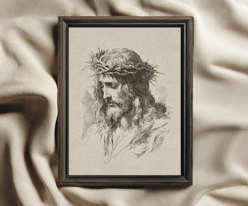 Jesus Christ Art Print, Crown of Thorns Illustration, Christian Wall Decor, Religious Printable, Vintage Jesus Sketch Art Print, Crown of Thorns Illustration, Antique Christian Wall Decor, Religious Printable, Old World Faith Home Decor