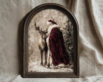 Lámina navideña vintage de Papá Noel y renos, decoración rústica navideña de estilo antiguo (descarga digital)
