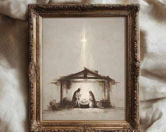 Minimalist Nativity Scene Art, Holy Family, Rustic Christmas Manger Print, Religious Holiday Decor
