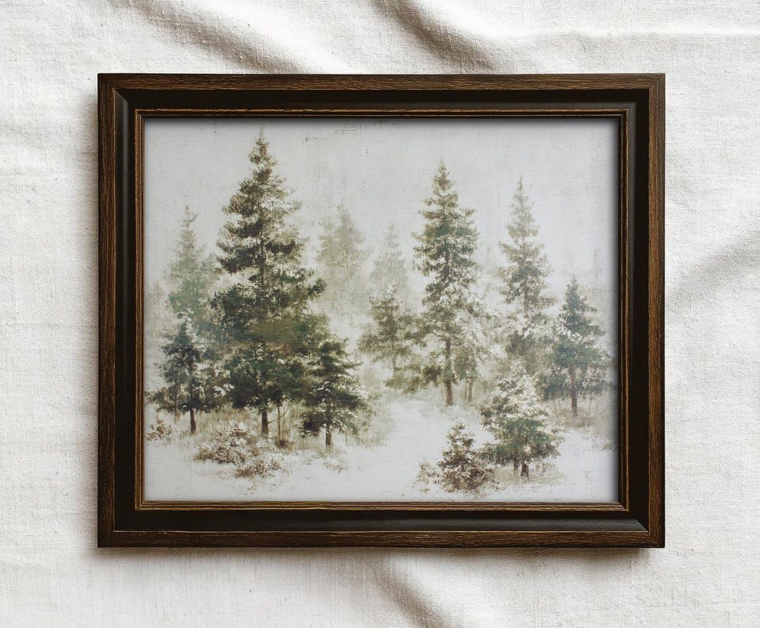 Snowy Pine Trees Landscape Art Print: Christmas Winter Forest ...