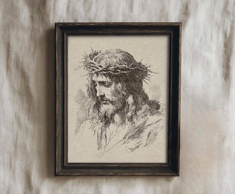 Jesus Christ Art Print, Crown of Thorns Illustration, Christian Wall Decor, Religious Printable, Vintage Jesus Sketch Art Print, Crown of Thorns Illustration, Antique Christian Wall Decor, Religious Printable, Old World Faith Home Decor